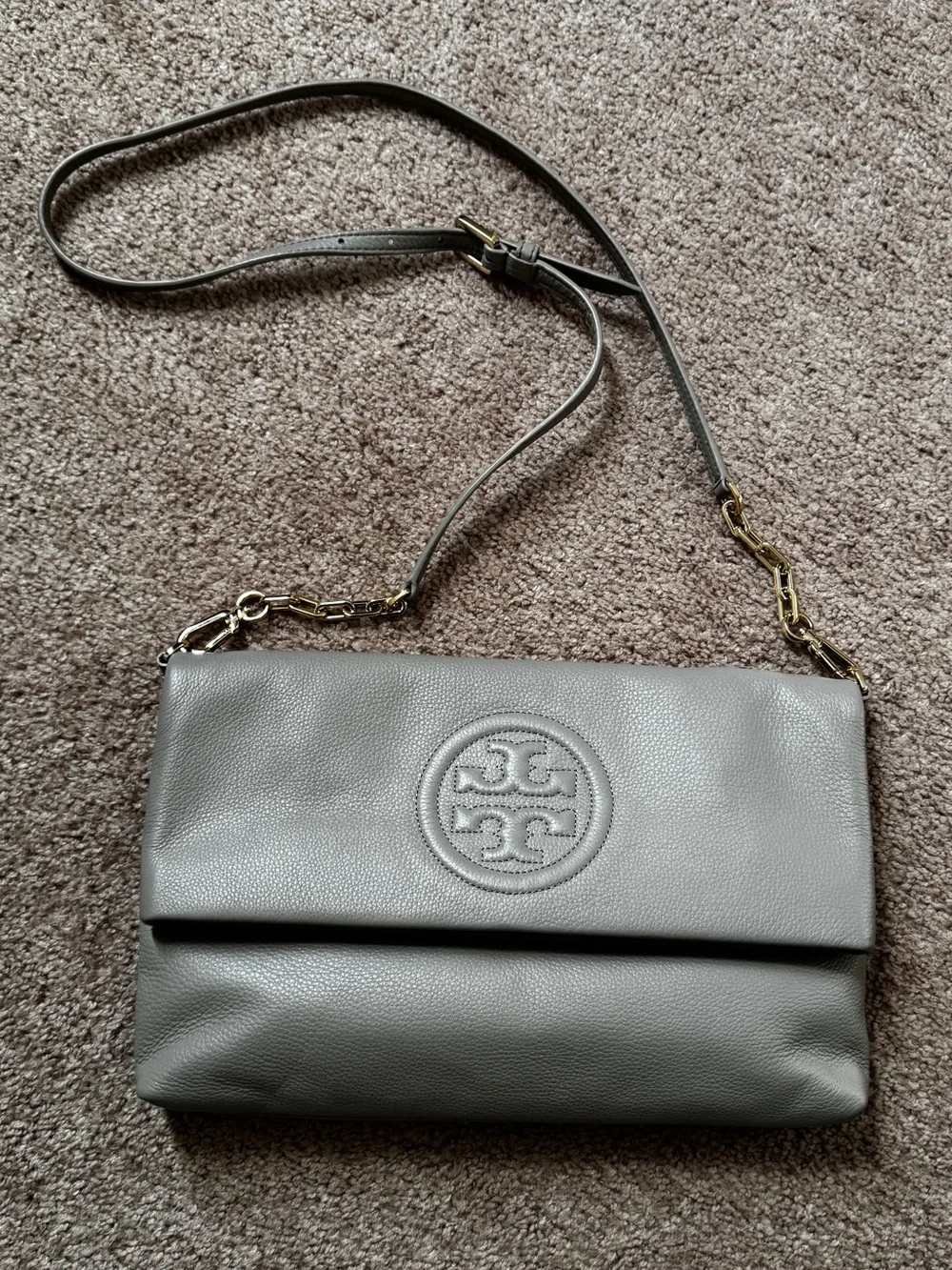 Tory Burch Bombe Foldover Leather Crossbody French Grey